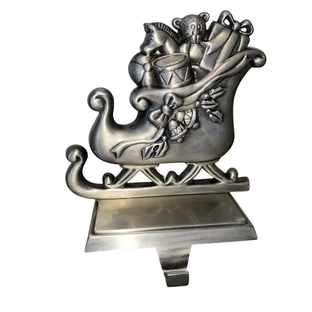 Set of 2 Santa's Sleigh Pewter Finish Christmas Stocking Hanger Hook Santa Claus